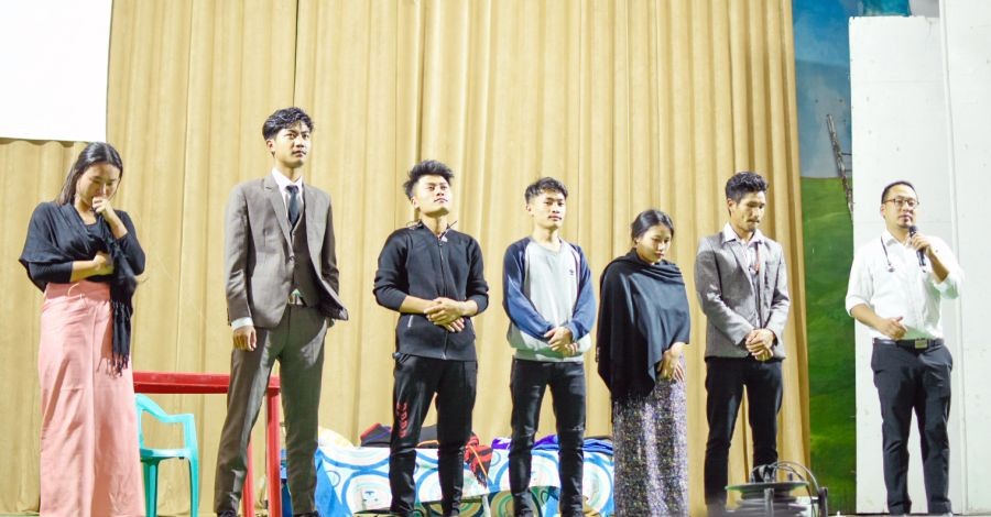 Director of the Play- A Mother's Love, Kusa Lohe (Right) with the actors at State Academy Hall, Kohima on May 7. (Morung Photo)